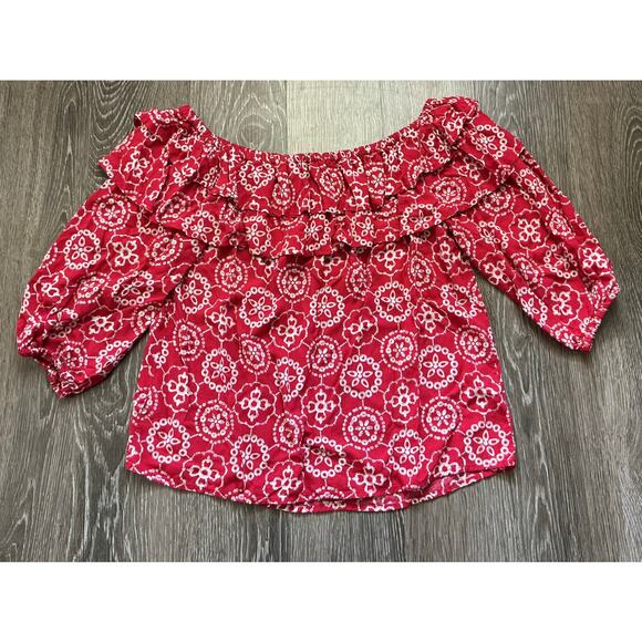 Vince Camuto Red Floral Peasant Style Short Sleeve Shirt Womens Small - Picture 1 of 4